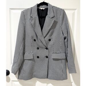 Marled Black White Houndstooth Blazer Double Breasted Pockets Career Classic M